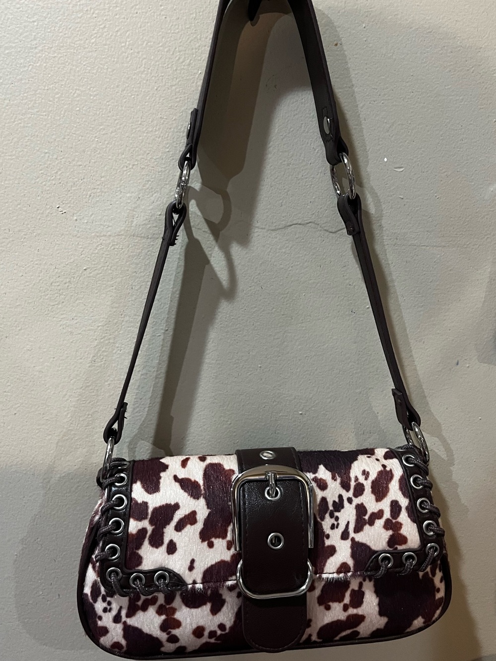 Women's Cowhide Print Shoulder Bag - Brown & White